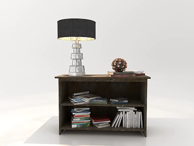 Dark Wooden Decorative Cabinet Featuring Black Shade Lamp Decorative Sphere And Stacked Books On Shelves 3d model