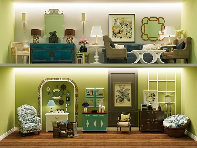 Modern Sofa And Coffee Table Set With Decorative Lamps Paintings And Green Walls 3d model
