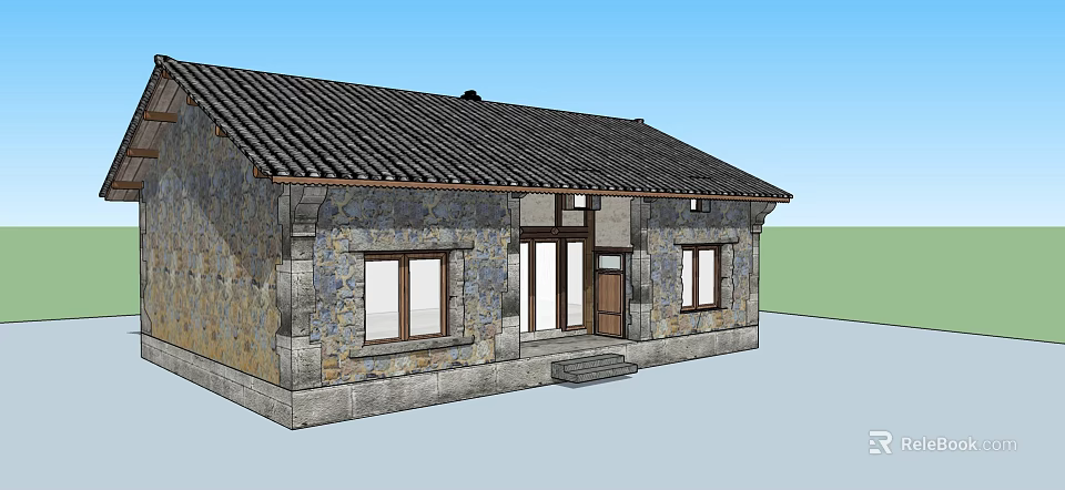 Traditional Stone House Exterior With Tile Roof Wooden Door And Windows 3d model 
