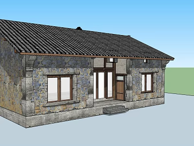 Traditional Stone House Exterior With Tile Roof Wooden Door And Windows 3d model