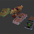 Rusted Old Vintage Car Models With Damaged Bodies And Scattered Parts On Dark Background