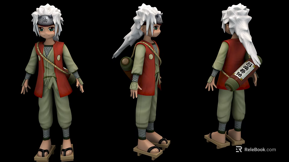 Anime Doll Three Views With White Hair Red Vest Green Pants Scroll And Sandals 3d model 