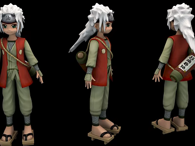 Anime Doll Three Views With White Hair Red Vest Green Pants Scroll And Sandals 3d model