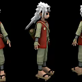 Anime Doll Three Views With White Hair Red Vest Green Pants Scroll And Sandals
