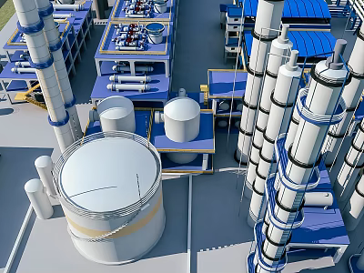 Industrial Equipment In Modern Industrial Facility With Tall Columns Storage Tanks And Pipes 3d model