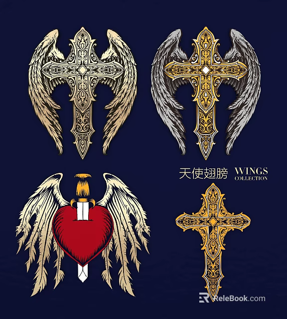 Wall Decor Collection With Angel Wings Crosses And Sacred Heart 3d model 