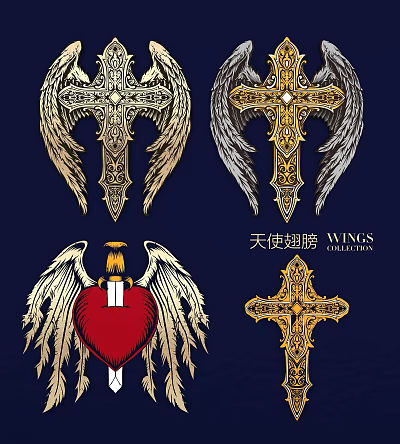 Wall Decor Collection With Angel Wings Crosses And Sacred Heart 3d model