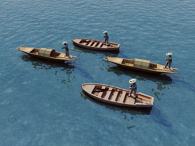 Traditional Wooden Boats with Fishermen Wearing Hats Carrying Wooden Crates on Calm Blue Water 3d model