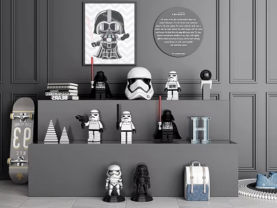 Collectible Star Wars Stormtrooper Darth Vader Action Figures Display On Gray Shelf With Wall Decor 3d model