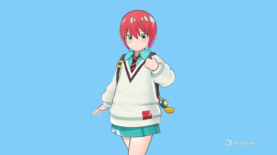 Girl With Red Hair Wearing White Sweater Green Skirt Tie And Backpack 3d model 