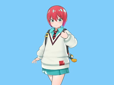 Girl With Red Hair Wearing White Sweater Green Skirt Tie And Backpack 3d model
