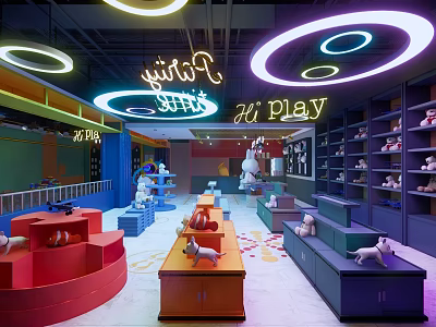 Vibrant Play Space With Circular Lights Neon Signs Stuffed Toys And Colorful Stands 3d model