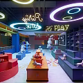 Vibrant Play Space With Circular Lights Neon Signs Stuffed Toys And Colorful Stands
