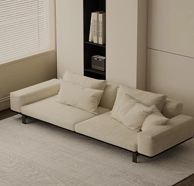 Modern Light Beige Three Seater Sofa With Cushions And Bookshelf In Living Room 3d model