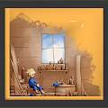 Little Blond Child In Wooden Workshop Surrounded By Handmade Animal Figures