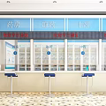 Modern Pharmacy Interior Design With Dispensing Windows Medicine Shelves And Blue Stools