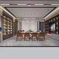 Modern Chinese Interior Dining Room With Wooden Table Chairs Decorative Paintings Vases And Green Plants