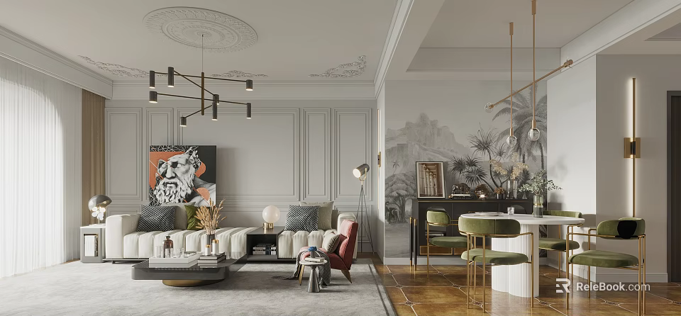 Elegant Modern Living Dining Room Interior With Sofa Dining Table And Pendant Lights 3d model 
