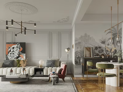 Elegant Modern Living Dining Room Interior With Sofa Dining Table And Pendant Lights 3d model
