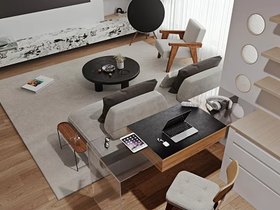 Modern Living Dining Room Interior With Sofa Coffee Table Dining Chairs And Area Rug 3d model