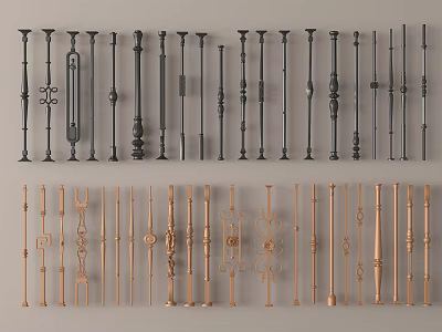 Black and Copper Railings with Various Ornate and Simple Designs Displayed in Rows 3d model