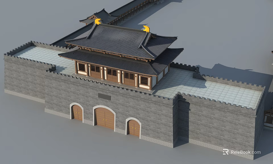 Traditional Ancient Architecture With Multi Layered Eaves And Gray City Wall Design 3d model 