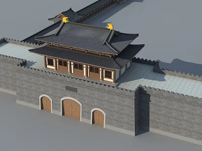 Traditional Ancient Architecture With Multi Layered Eaves And Gray City Wall Design 3d model
