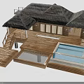 Wooden Overwater Villa With Thatched Roof Open Deck Swimming Pool And Staircase