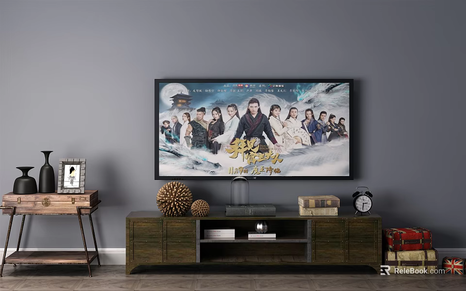 Modern Wooden TV Stand with TV Decorations Books and Clock in Living Room 3d model 