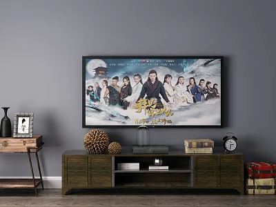 Modern Wooden TV Stand with TV Decorations Books and Clock in Living Room 3d model
