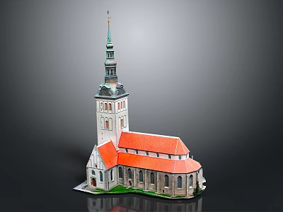 Historic Church Building With Tall Spire And Red Roof Architecture 3d model