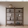 Natural Wooden Shelving Units With Ceramic Vases And Decorative Bowls On Neutral Wall Wooden Floor Setting