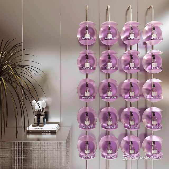 Wall Mounted Display Shelves With Neatly Arranged Purple Product Bottles For Retail 3d model 