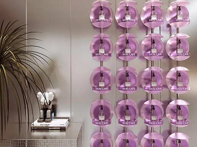 Wall Mounted Display Shelves With Neatly Arranged Purple Product Bottles For Retail 3d model
