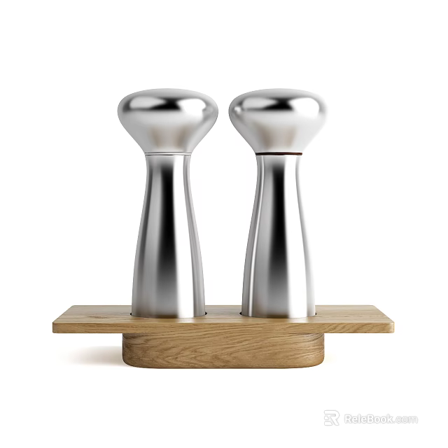 Stainless Steel Salt And Pepper Shakers On Wooden Tray For Kitchen Use 3d model 