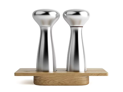 Stainless Steel Salt And Pepper Shakers On Wooden Tray For Kitchen Use 3d model
