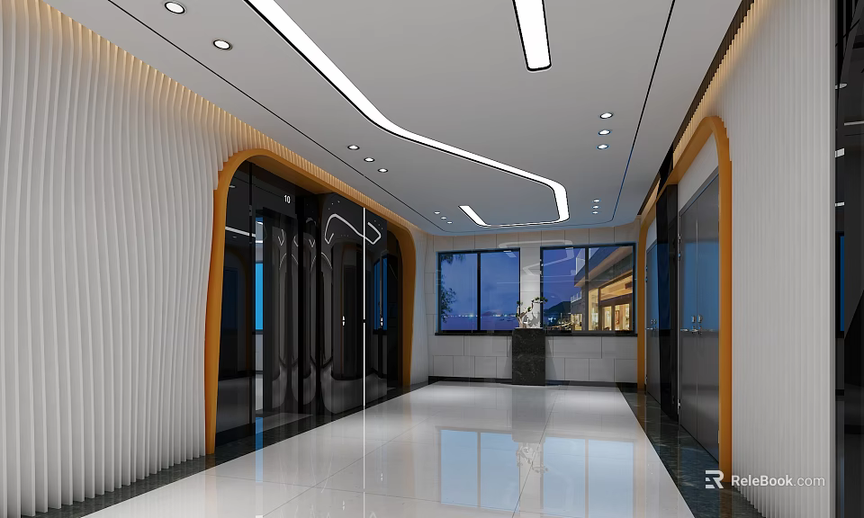 Modern Elevator Hallway Interior With Sleek Flooring Decorative Lighting And Large Windows 3d model