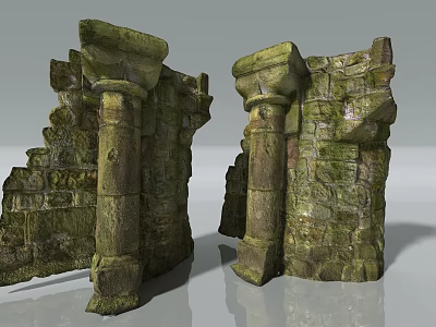 Ancient Stone and Wood Ruins with Moss Covered Pillars and Walls 3d model