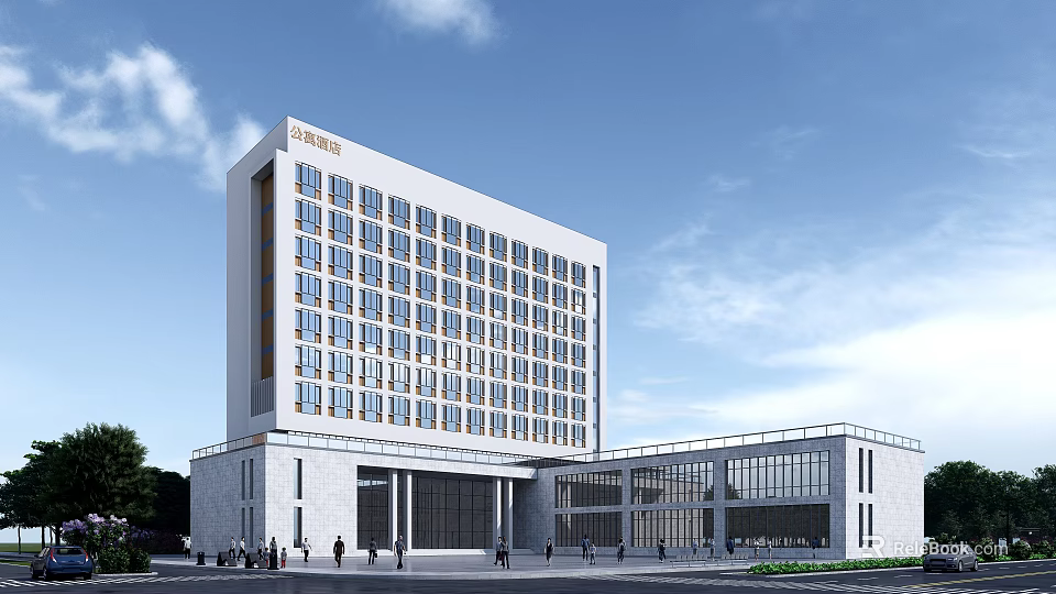 Modern Office Building Exterior With Glass Windows Clear Sky And Pedestrians Around 3d model 