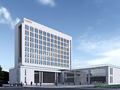 Modern Office Building Exterior With Glass Windows Clear Sky And Pedestrians Around 3d model