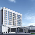 Modern Office Building Exterior With Glass Windows Clear Sky And Pedestrians Around