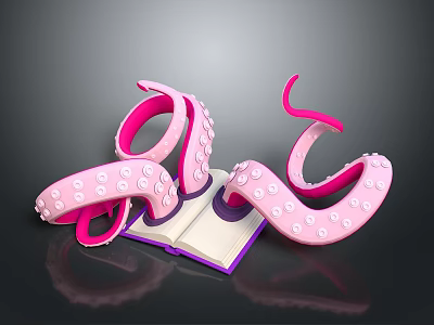 Open Book With Purple Cover And Pink Octopus Tentacles On Black Background With Reflection 3d model