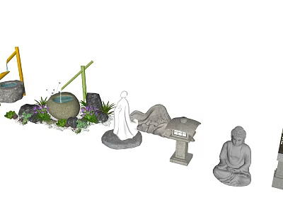 Japanese Courtyard Garden Design With Stone Lantern Buddha Statue Bamboo Structure And Green Plants 3d model
