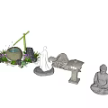Japanese Courtyard Garden Design With Stone Lantern Buddha Statue Bamboo Structure And Green Plants