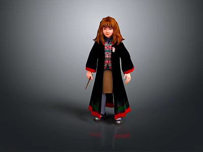 Woman With Long Brown Hair In Black Robe Red Green Trim Holding Wand 3d model