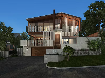 Modern Detached House with Large Glass Windows Wooden Elements Greenery and Driveway Surrounding 3d model