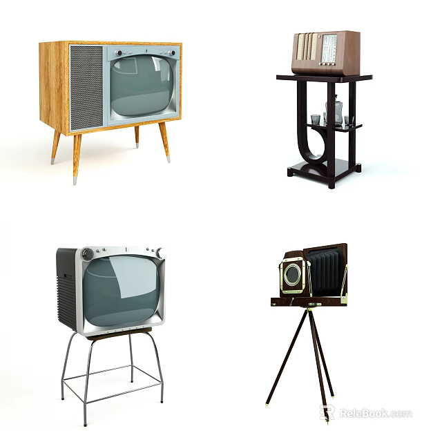 Vintage Television Sets with Wooden Frame and Metal Stand Classic Retro Design 3d model 
