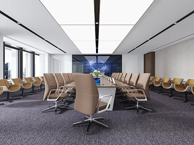 Modern Conference Room Interior Design With Long Table Ergonomic Chairs And Ceiling Lighting 3d model