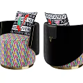 Colorful Diamond Pattern Single Sofa With Black Velvet Armrests Text Pillows And Gold Metal Base