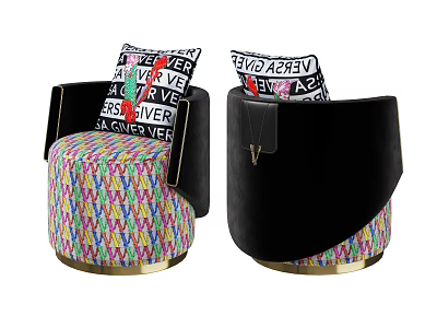 Colorful Diamond Pattern Single Sofa With Black Velvet Armrests Text Pillows And Gold Metal Base 3d model